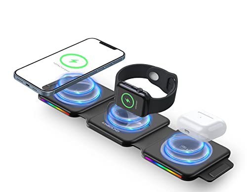 Wireless Charger 3 in 1,Magnetic Foldable 3 in 1 Charging Station,Fast Wireless Charging Dock,Compatible with iPhone 14/Pro/Max/Plus/13/12 Series,AirPods 3/2/Pro,iWatch(with Adapter)