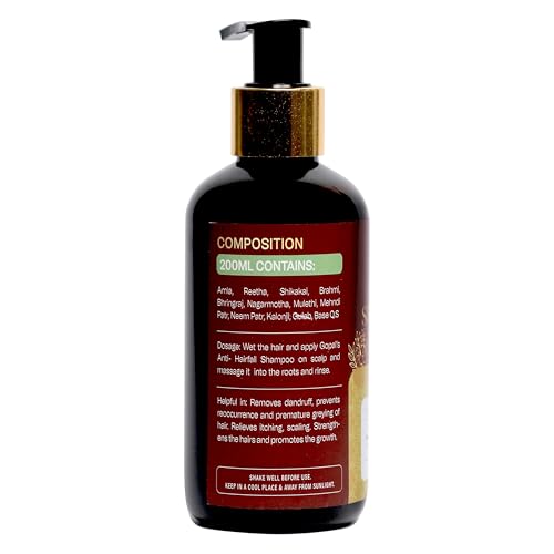 Image of RamGopal Ayurveda Amla Reetha Shikakai Herbal Shampoo - Anti-Dandruff & Hair Fall Control, Hair Growth & Strengthening | No Sulfate (SLES) and Paraben Free Shampoo | For All Hair Types | For Men & Women | Safe for Colored Hair 200ml (Pack of 1)
