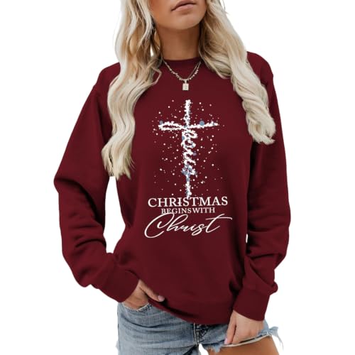 MUYLANTEZ Women Christmas Sweatshirt Christmas Begins with Christ Graphic Crew Neck Pullover Christian Religious Faith Shirt Wine - image 2