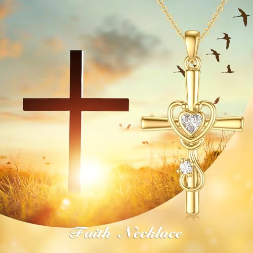 14K Solid Gold Nurse Cross Necklace for Women, Real Gold Stethoscope Heart Cross Pendant Necklace for Women Medical Jewelry Birthday Nurse Day Graduation Gifts for Mom Her Wife Daughter, 16+2 Inch2