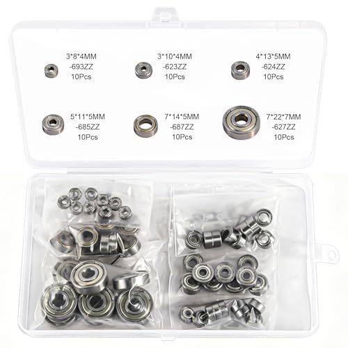 Gyism 60pcs 6 Größen 693ZZ 623ZZ 624ZZ 685ZZ 687ZZ 627ZZ Doppelt Abgeschirmte Kugellager Set Mini Rillenkugellager Mni Lager für Skateboards Trolleys Elektromotoren und Mehr (Silber)