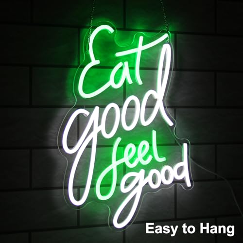 Image of Eat Good Feel Good Neon Signs for Restaurant Kitchen Snack Shop Party Decor | Dimmable Food Neon Light, Green White Letter LED Sign, Health Neon Light Up Sign, Acrylic Wall Art, USB Powered, Easy to Hang