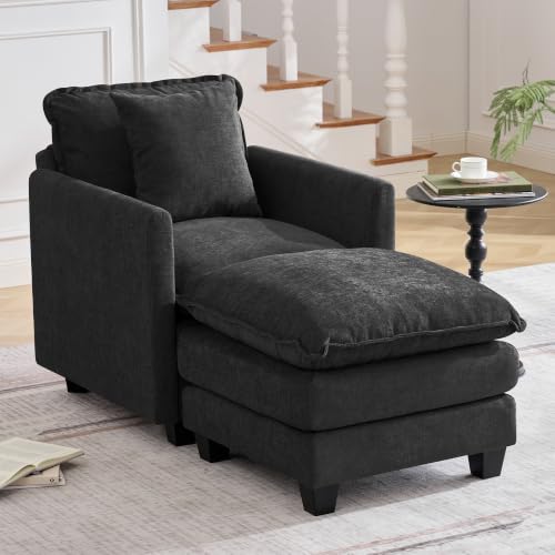 Image of 30'' Cloud Single Couch with Ottoman, Cloud Sofa with Throw Pillow, Modern 1 Seater Reading Chair with Deep Seat, Accent Chairs for Living Room, Bedroom, Small Apartment, Black