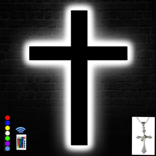OUYENL Cross Wall Decor Light Up Neon Sign with Necklace Jesus Christian Catholic Gifts Crucifix Led Sign Decor 16 Colors Changing Remote Night Lights Large Size