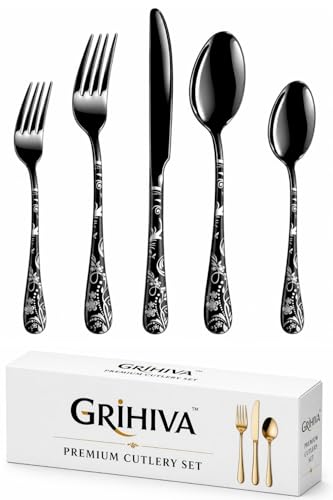 Image of 5 Pcs Black Floaral Stainless Steel Cutlery Set for Dining Table with Spoon and Fork Set & Butterknife - The Perfect Tableware /Flatware