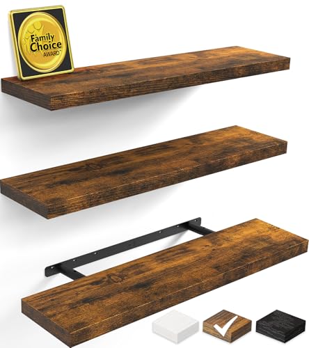 BAYKA Rustic Brown Floating Shelves 35.4in, Set of 3, Wall Mount Wood Shelf