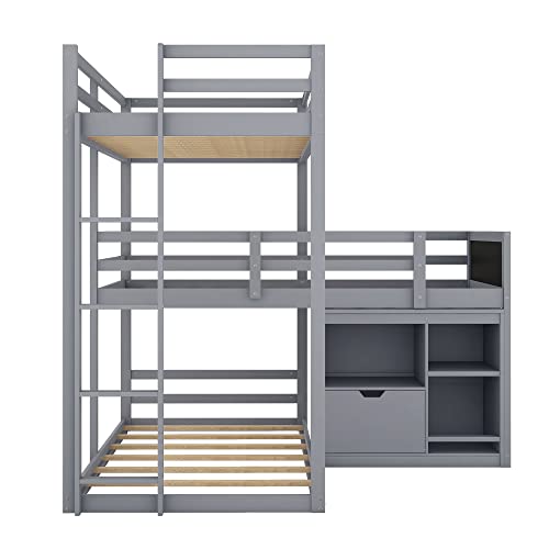 Citylight Triple Bunk Bed For Kids, Wood L-Shaped Bunk Bed Twin Size, 3 Bunk Bed For Kids With Storage Cabinet And Blackboard For Girls Boys,No Box Spring Needed, Grey #TOP4