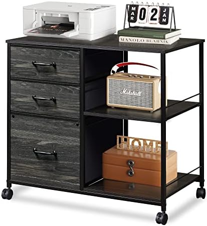 DEVAISE 3 Drawer Mobile File Cabinet, Rolling Printer Stand with Open Storage Shelf, Fabric Lateral Filing Cabinet fits A4 or Letter Size for Home Office, Charcoal Black Wood Grain Print