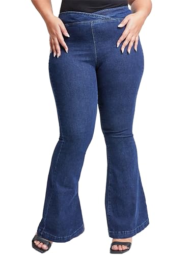YMI Women's Plus V-Front Pull on Flare Jeans