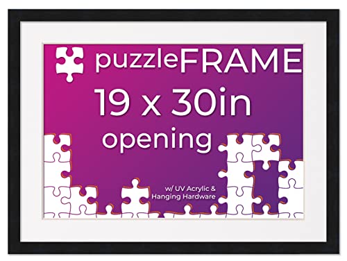 Poster Palooza 19x30 Jigsaw Puzzle Frame Kit - Kit Includes Puzzle Glue Sheets, Black Wood Puzzle Frame with White Mat, UV Acrylic, Backing, Hanging Hardware