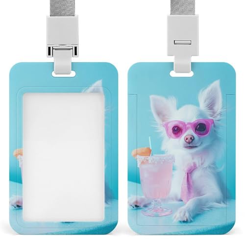 Soporte retráctil para tarjetas de identificación con diseño de chihuahua blanco con lentes de sol rosas, protector de tarjetas, placa de nombre, para trabajo, oficina, médico, enfermera