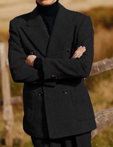 Vintage Mens Double Breasted 2 Piece Tweed Herringbone Suit Notched Lapel Tuxedo Party Wedding Blazer and Pants Set4