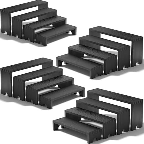Image of 4 Set Black Wooden Tiered Riser Display Stands for Vendor Events,Stackable Wood Cupcake Stand,Farmhouse Decor Wood Dessert Table Display Set,Vendor Booth Display Items,Food Display Risers for Party