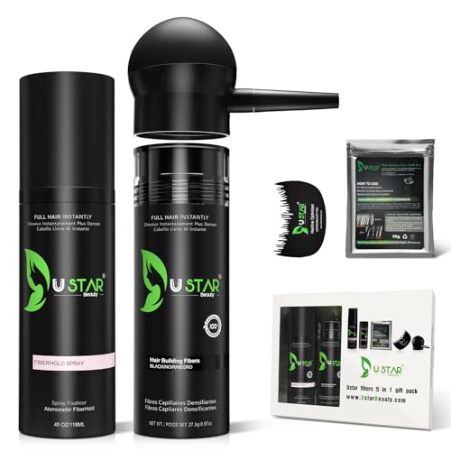Hair Building Fibers Set, USTAR 5 in 1 Hair Fibers for Thinning Hair with Hair Fiber Spray, Natural Hair Filler for Hair Loss Instantly Thicker, Fuller Look, Hair Powder for Men & Women 77.5g (Black)