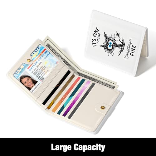 Rouidr Womens Wallet, RFID Small Slim Wallet for Women, Cute Bifold Leather Pocket Credit Card Holder Ladies Mini Purse with Zipper Coin Pocket & ID Window, White Cat3