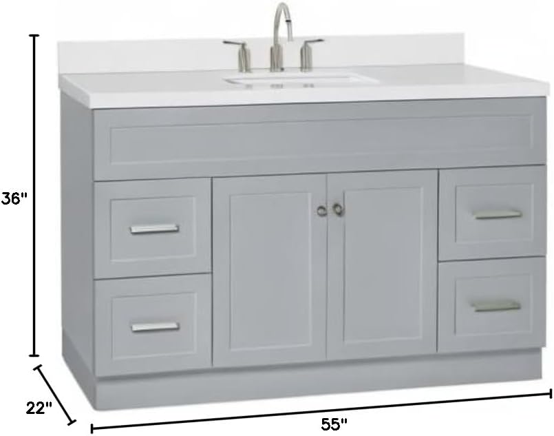 ARIEL Hamlet 54-inch Bathroom Vanity with Sink,Solid Wood, 1.5-inch Pure White Quartz Countertop & Backsplash, Single Rectangular Porcelain Sink, 2 Soft Closing Doors, 4 Dovetail Drawers, Grey