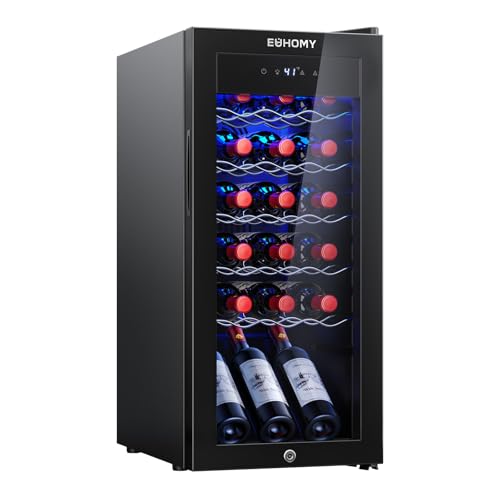 EUHOMY 18 Bottle Compressor Wine Cooler Refrigerator with Lock, Freestanding Wine Fridge with Digital Temperature Control, Wine Refrigerator with Glass Door for Red White Wine, Champagne, Beer, Black