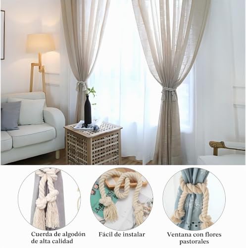 Miniatura 3 de 4 Piezas Abrazaderas Cortinas, Tiebacks De Cortina Trenzados A Mano, 100 Cm Retención De Cuerda De Cortina Cortinas Decoración De Sala De Estar Para Dormitorio Salón Y Oficina Beige