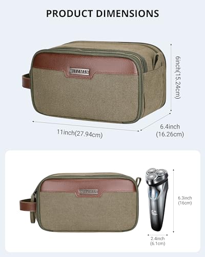 Image of WITZMAN Canvas Toiletry Bag for Men Large Capacity Hanging Dopp kit for Men Leather Toiletries Water-Resistant Bathroom Bag(A8002 Army Green)