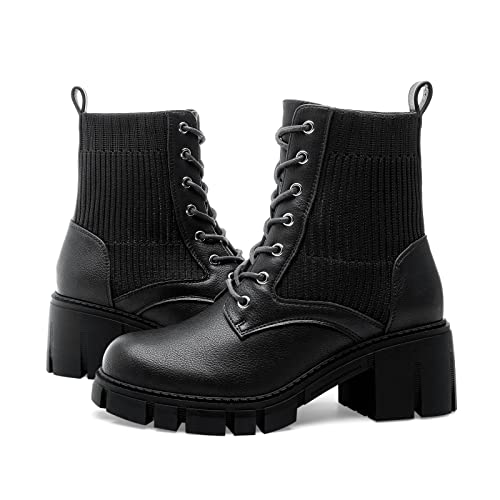 YETIER Lug Sole Ankle Bootie for Women Lace up Platform Combat Boots Fashion Hiking Chelsea Chunky Block Heel Leather Booties by YETIER - Image 3