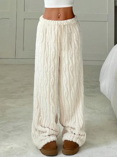 Image of ZAFUL Women's Fuzzy Plush Pajama Pants Wide Leg Pj Bottoms Lounge Pants | Soft Fluffy Sleep Pants Drawstring Elastic Waist Teddy Pjs for Women No Pockets
