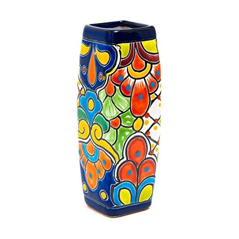 Enchanted Talavera Mexican Handmade Talavera Ceramic Pottery Small Flower Vase Floral Pattern Centerpiece Flower Pot Rose Gift Table Decoration, Cobalt Blue Cover