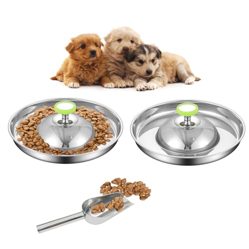 Fhiny 2Pack Stainless Steel Puppy Bowls Pet Weaning Feeding Dish with Scoop for Litters Pets Silver Dog Food and Water Slow Feeder Bowl with Handle Container for Dogs Cats(S: 9.8 Dia 4 Cups)