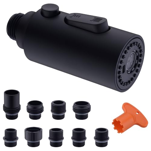 Kitchen Faucet Head Replacement,3-Function Kitchen Sink Spary Head Nozzle Pull Down Spray Head for Faucet with 9 Adapters,Matte Black