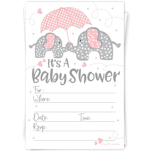 Pink Elephant Girl Baby Shower Invitations (20 Count) with Envelopes
