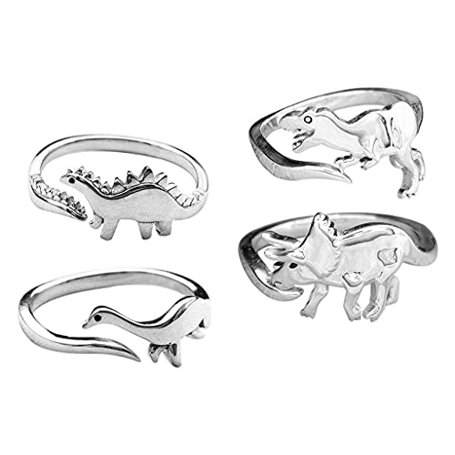 Hellery Lot de 4 Bague Dinosaure en Alliage sans Plomb, Anneau Punk Dinosaure Bijoux Cadeau pour Femmes Hommes Garçons Filles, Amis Cover