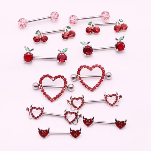 14G Nipple Rings for Women 316L Stainless Steel Heart,Butterfly,Moon,Devil,Flower Nipple Barbell CZ Nipple Rings Set Nipplerings Piercing Jewelry3