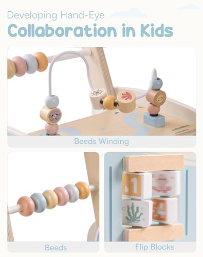 ROBUD Lauflernwagen Holz, Multifunktion Baby Lauflernhilfe mit & Rädern & Bauklötzen Spielgeräte Aktivitätszentrum Set, Baby Walker Spielzeug Geschenk für Kleinekinder Kinder 10 Monate - 1-2 Jahre