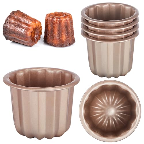 Blushtier 6 Pcs Canele Mold Cake Pan Non Stick small Copper Color Canele Molds Muffin Bakeware Cupcake Pan 2.8 Inch Carbon Steel Pastry Mould Mini Cupcake Holders DIY Cake Muffin Oven Baking Tool