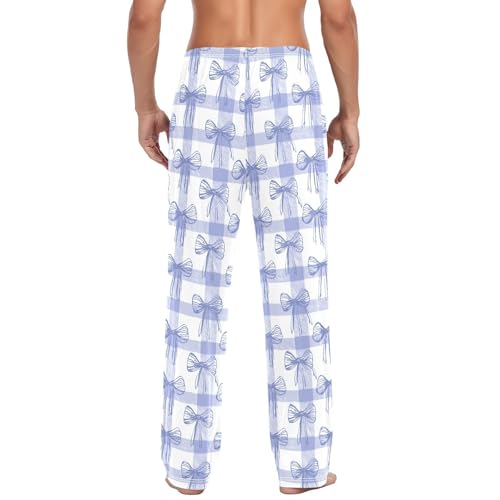 Men's Pastel Blue Bow Pajama Pants with Pockets - Straight Fit Cotton Sleep Bottoms for Lounge & Nightwear#4213