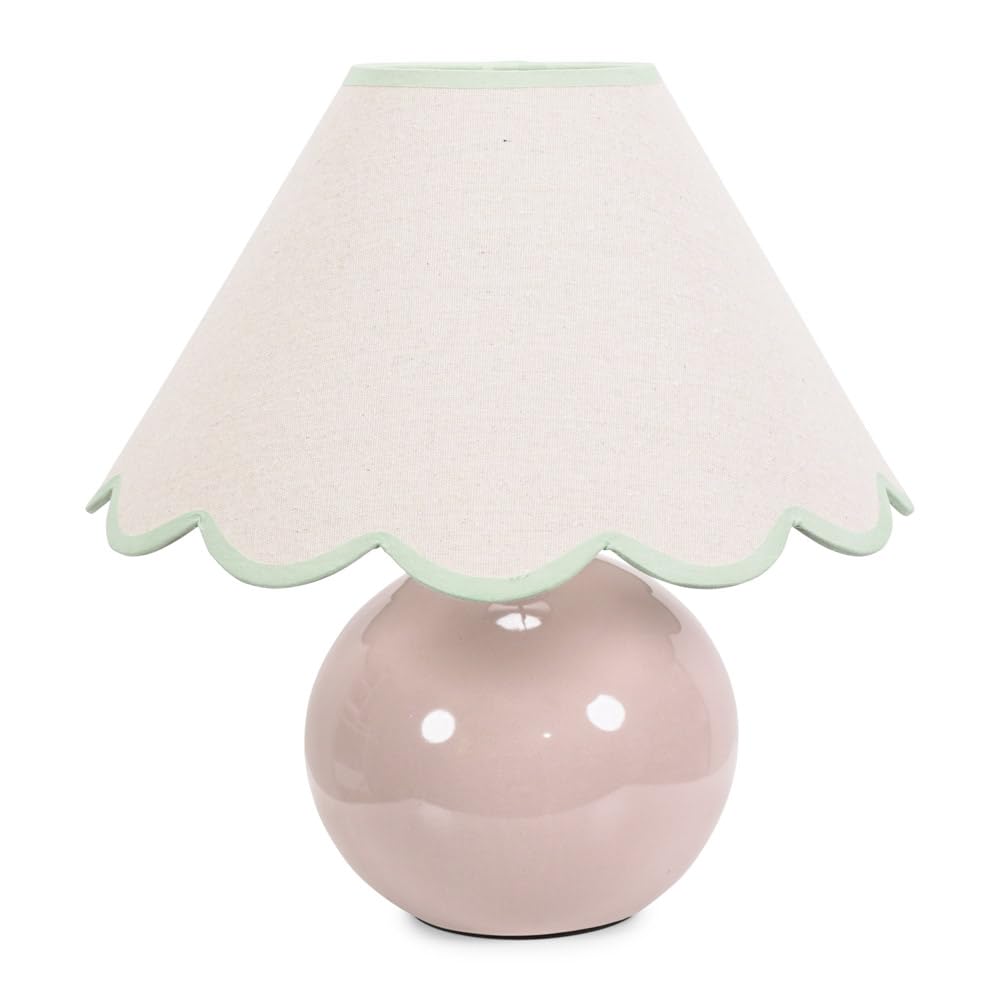 ValueLights | Stone Natural Ceramic Table Lamp with Green Trim Scallop Lampshade Living Room Bedside Light | Table Lamps, Home Décor & Improvement Essential | Included LED Bulb