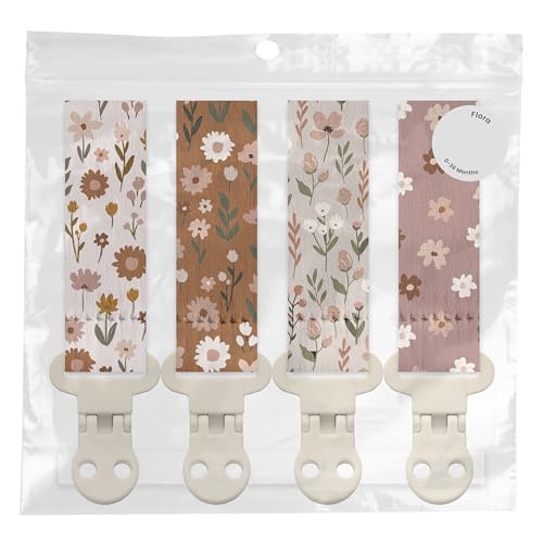 Image of Stadela Baby Pacifier Clip Holder - Girl or Boy Unisex 4 Pack Gift Set - Boho Modern Neutral Floral Beige Yellow Brown Colors (Flora)
