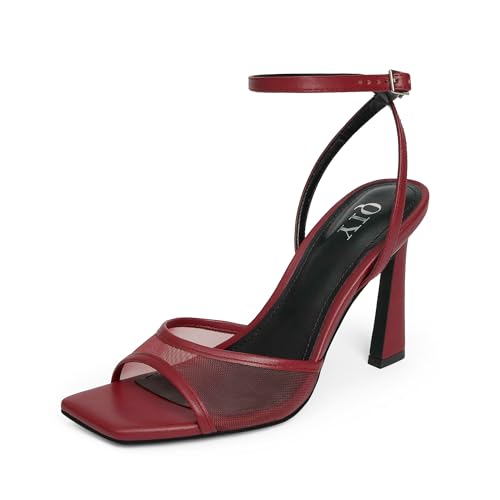 Image of QIY Heeled Sandals Mesh Burgundy Heels for Women Ankle Strap Strappy Heels Stiletto High Heel Square Open Toe Heel 3 Inch Summer Dress Shoes Burgundy Sandals Size 11