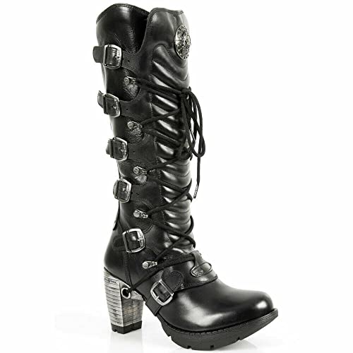Newrock Tr004-S1 Ladies Black Leather Buckle Lace Knee High Heeled Goth Punk Fashion Zip Boot 37 #TOP1