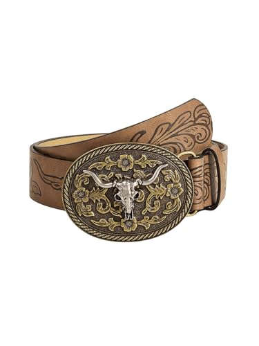GORGLITTER Women's Embossed Buckle Cowgirl Cowboy Belt Vintage Pattern Leather Country Rodeo Western Belts
