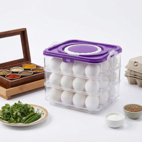 Image of Egg Storage Box - Egg Refrigerator Rectangular Storage Tray Stackable Abs Plastic Egg Storage Containers For Fridge And Kitchen Egg Storage Basket With Carry Holder (3 Layer)
