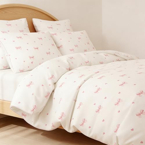 Image of Nayoroom Pink Bow Duvet Cover Full Size Coquette Pink Heart Duvet Cover 3 Pieces Soft Lightweight Microfiber Kids Girls Cute Aesthetic Dorm Bedding Set