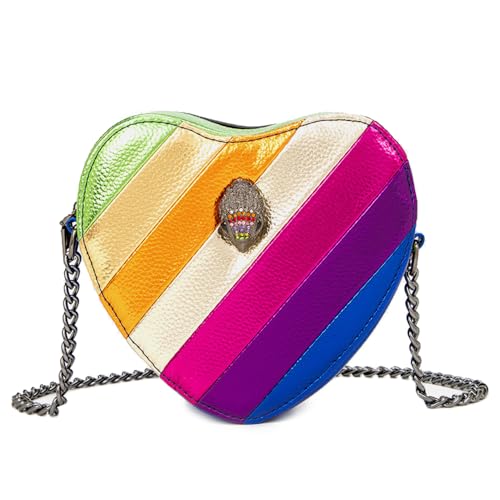 Image of Rejolly Rainbow Stripe Heart Shaped Purse for Women Crossbody Bag Metallic PU Leather Shoulder Bag