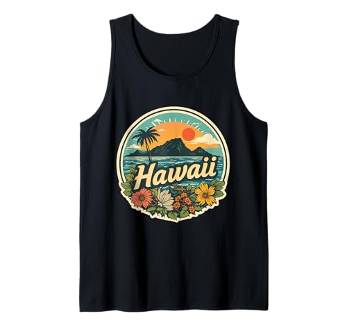 Vintage Hawaii Island Escena Flores Floral Puesta Del Sol Recuerdo Camiseta sin Mangas