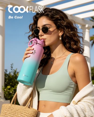 Image of Coolflask 40 oz Water Bottle Insulated with Straw & 3 Leakproof Lids
