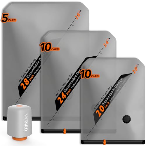 Vacbird Bolsas de vacío para ropa con bomba de vacío inalámbrica, 25 unidades (10 x 40 x 54 cm, 10 x 47 x 64 cm, 5 x 54 x 74 cm), bolsas de envasado al vacío para ropa, especialmente para viajes y