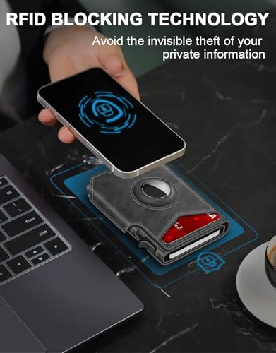 Airtag Wallet for Men, Minimalist Slim Mens Wallet Smart Pop Up Credit Card Holder for 9-13 Cards, RFID Blocking Wallet with ID Window & Cash Slot, Compact Bifold Metal Aluminum Card Case