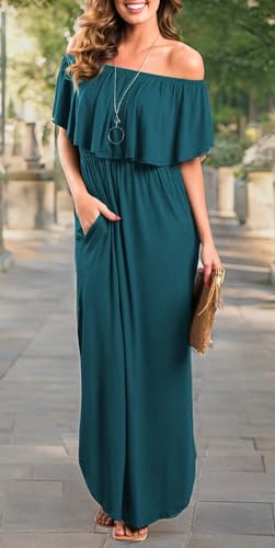 Image of Sarin Mathews Womens Off The Shoulder Ruffle Party Dress Casual Side Split Beach Long Maxi Dresses with Pockets