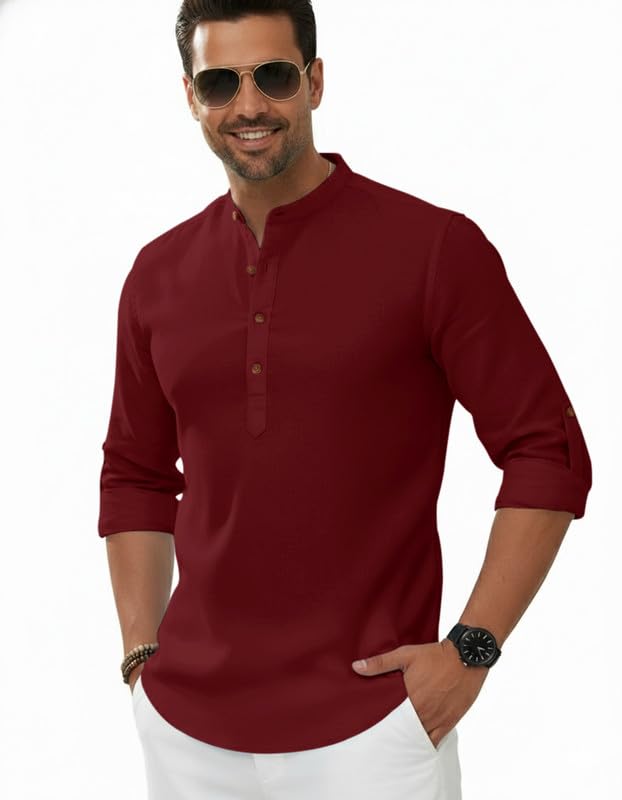 Image of Macsivo Men's Cotton Blend Solid Short Kurta with Regular Lenth Mandarin Neck Full Sleeves and roll-up tab| Kurta Style Shirt for Men