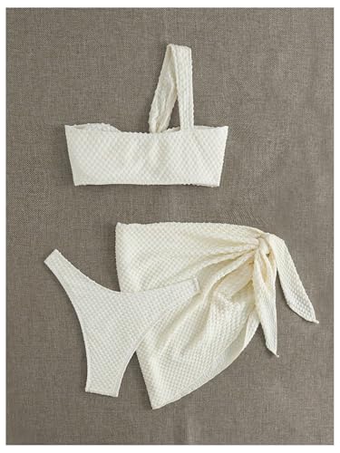 MakeMeChic Women's 3 Piece One Shoulder Textured High Cut Bikini Set with Tie Side Cover Ups3