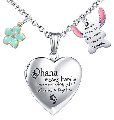 Image of Love Heart Locket Necklace That Holds Pictures Stitch-Shape Necklace Stuff Gifts Ohana Photo Lockets Necklace